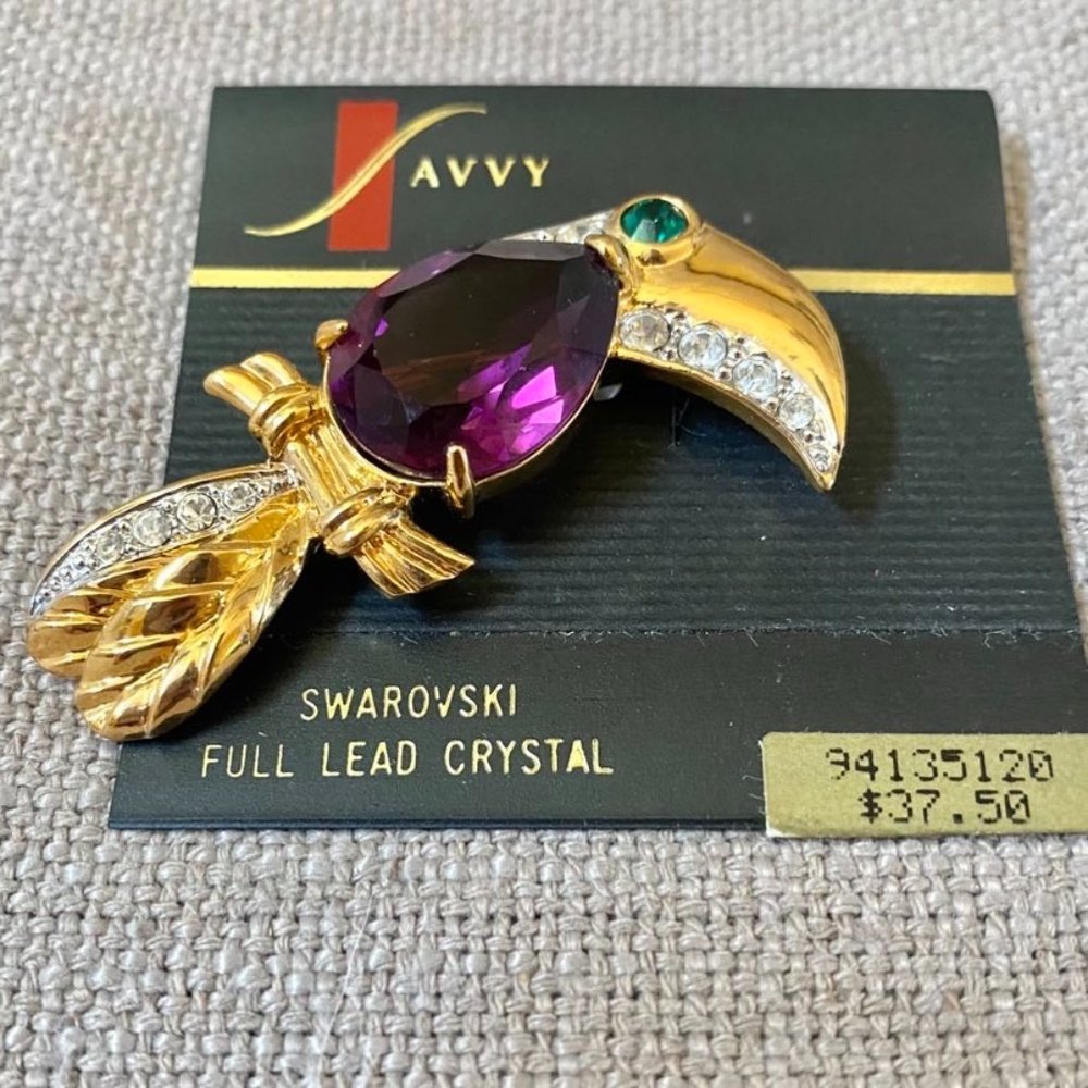 Vintage Toucan Bird Amethyst Jelly Belly Swarovski Crystal Pin Brooch NWT